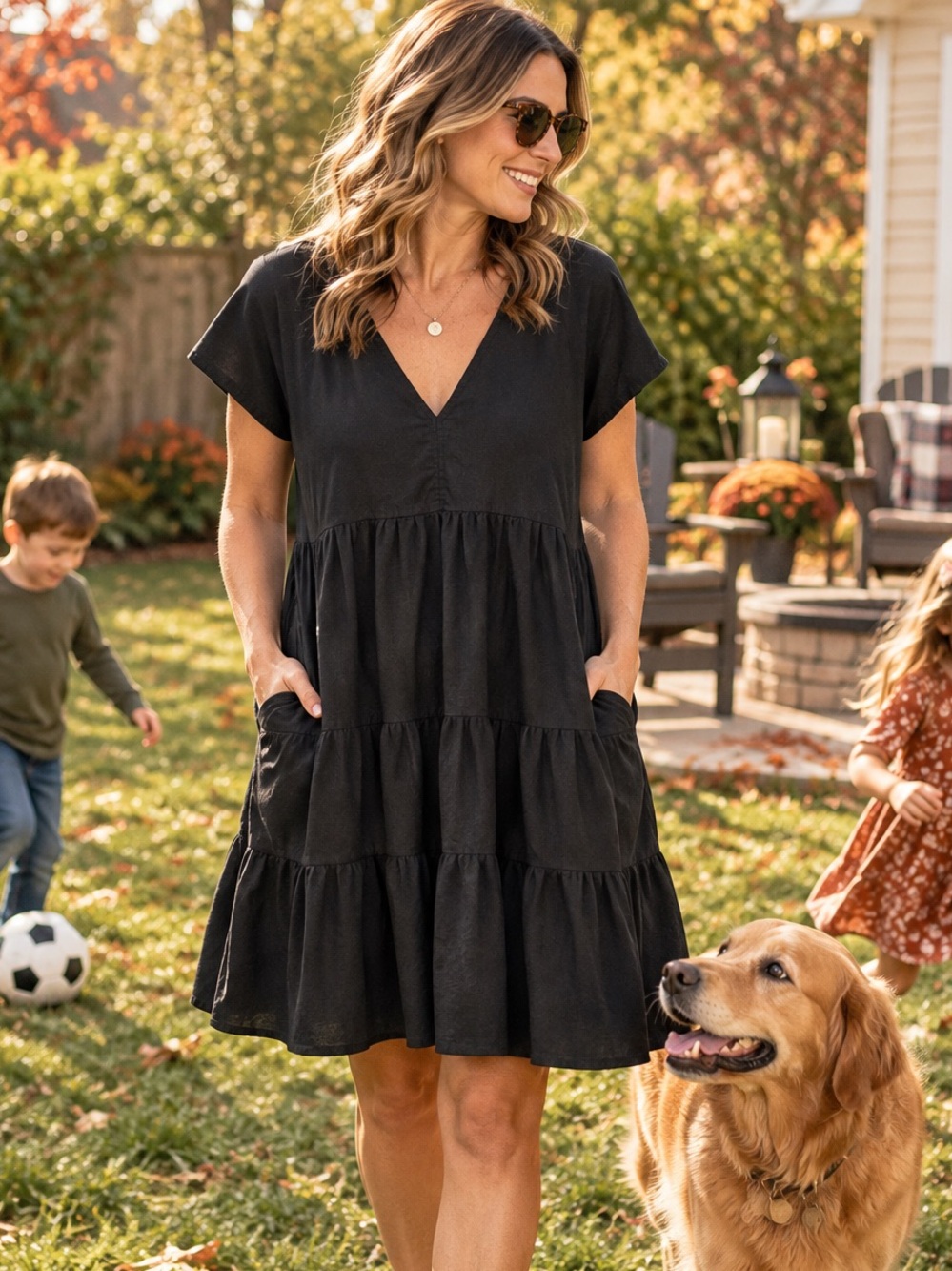 Universal Thread Black Linen Blend Tiered Mini Dress M Pockets